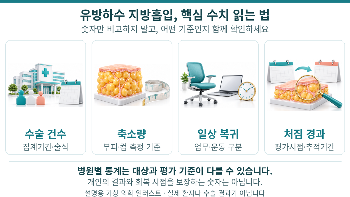 비너스의원 유방축소 가슴 지방흡입 핵심 수치 인포그래픽 — 연간 수술건수, 평균 축소량, 일상복귀일, 처짐개선기간