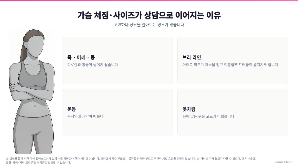 가슴 처짐·사이즈가 상담으로 이어지는 이유 인포그래픽 — 목·어깨·등 부담, 브라 라인, 운동, 옷차림