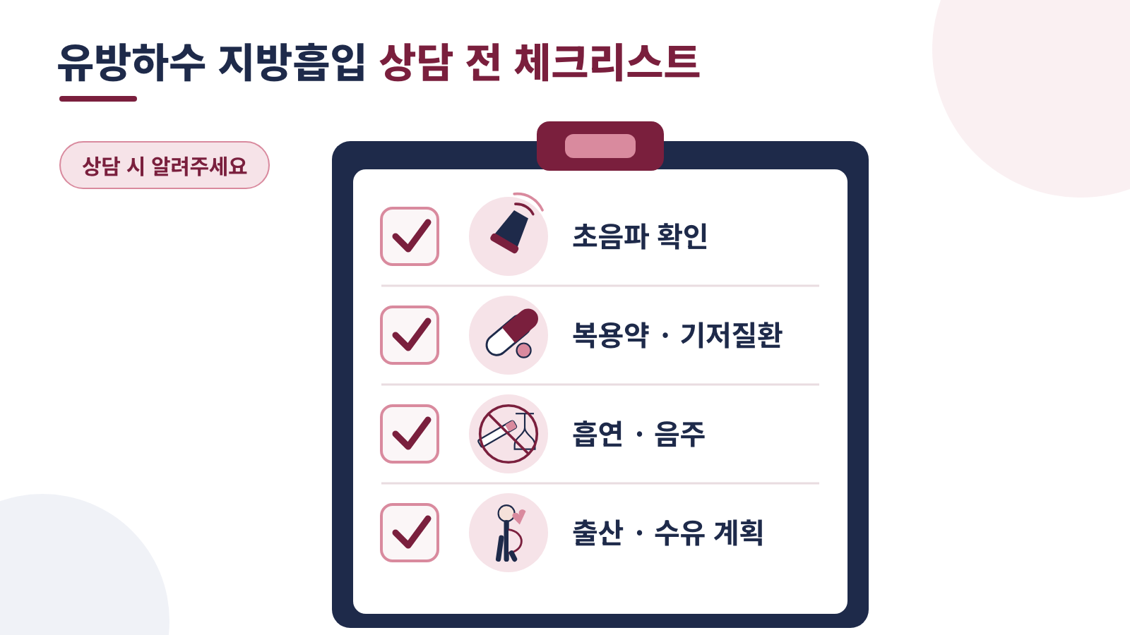 유방하수 지방흡입 상담 전 체크리스트 인포그래픽 — 초음파 확인, 복용약·기저질환, 흡연·음주, 출산·수유 계획