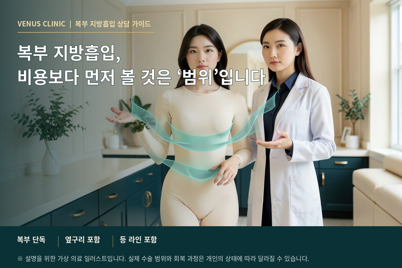 복부 지방흡입 범위와 방식에 따른 차이를 설명하는 고급 3D 의료 인포그래픽