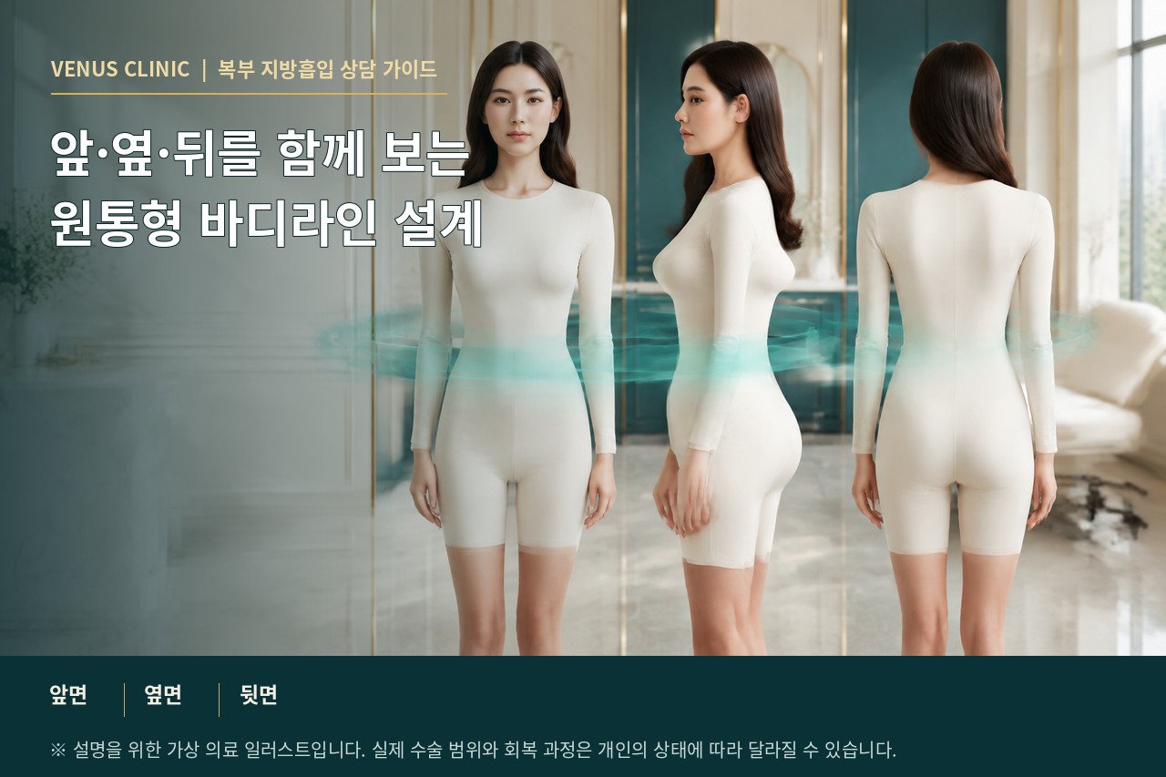 앞면·옆면·뒷면을 함께 보는 원통형 지방흡입 고급 3D 의료 인포그래픽