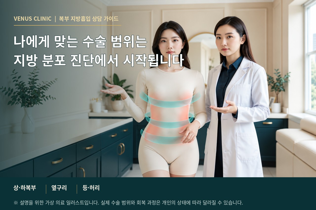 복부·옆구리·등의 지방 분포 상담을 표현한 고급 3D 의료 인포그래픽