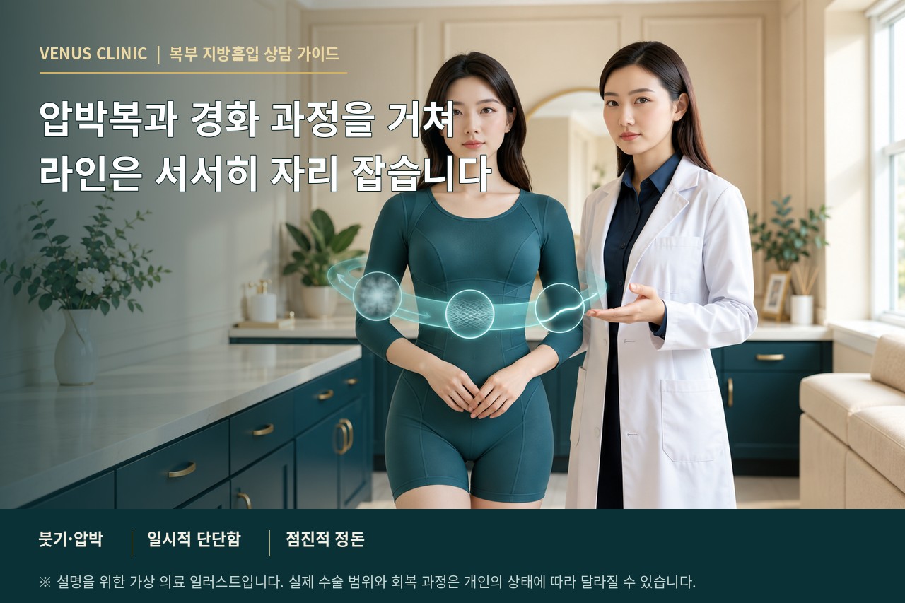 압박복 착용과 경화 과정의 점진적 회복을 표현한 고급 3D 의료 인포그래픽