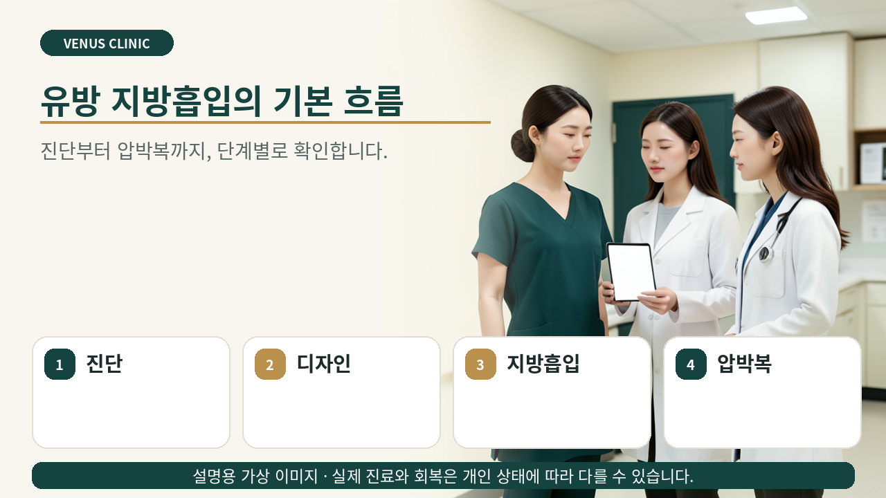 유방 지방흡입 4단계 기본 흐름을 보여주는 의료 인포그래픽