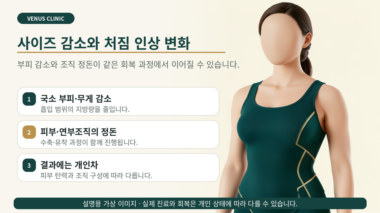 유방 지방흡입 후 사이즈 감소와 처짐 인상 변화를 설명하는 가상 의료 일러스트