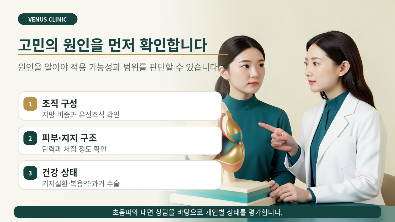 유방 고민의 원인을 조직 구성과 피부 탄력, 건강 상태로 나누어 설명하는 의료 일러스트