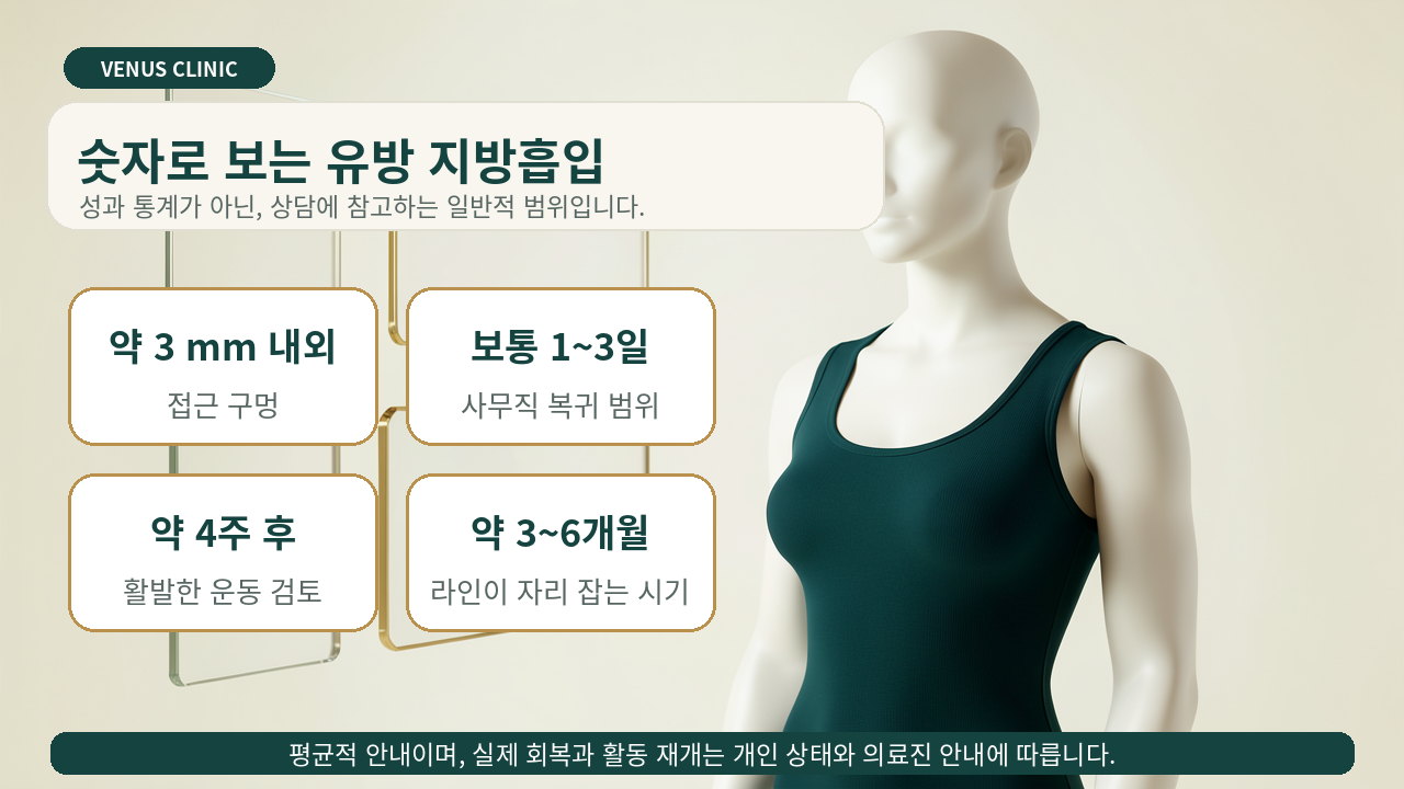 유방 지방흡입의 접근 구멍과 회복 기간을 숫자로 정리한 의료 인포그래픽