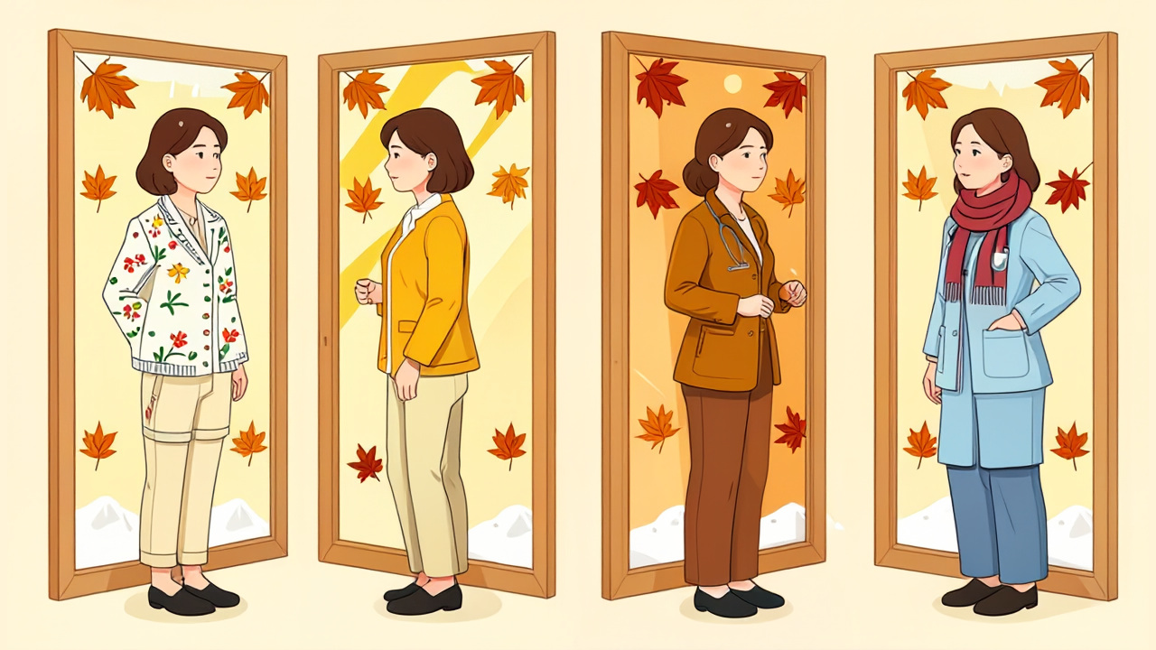 계절별 옷차림과 힙라인 고민을 표현한 2D 일러스트