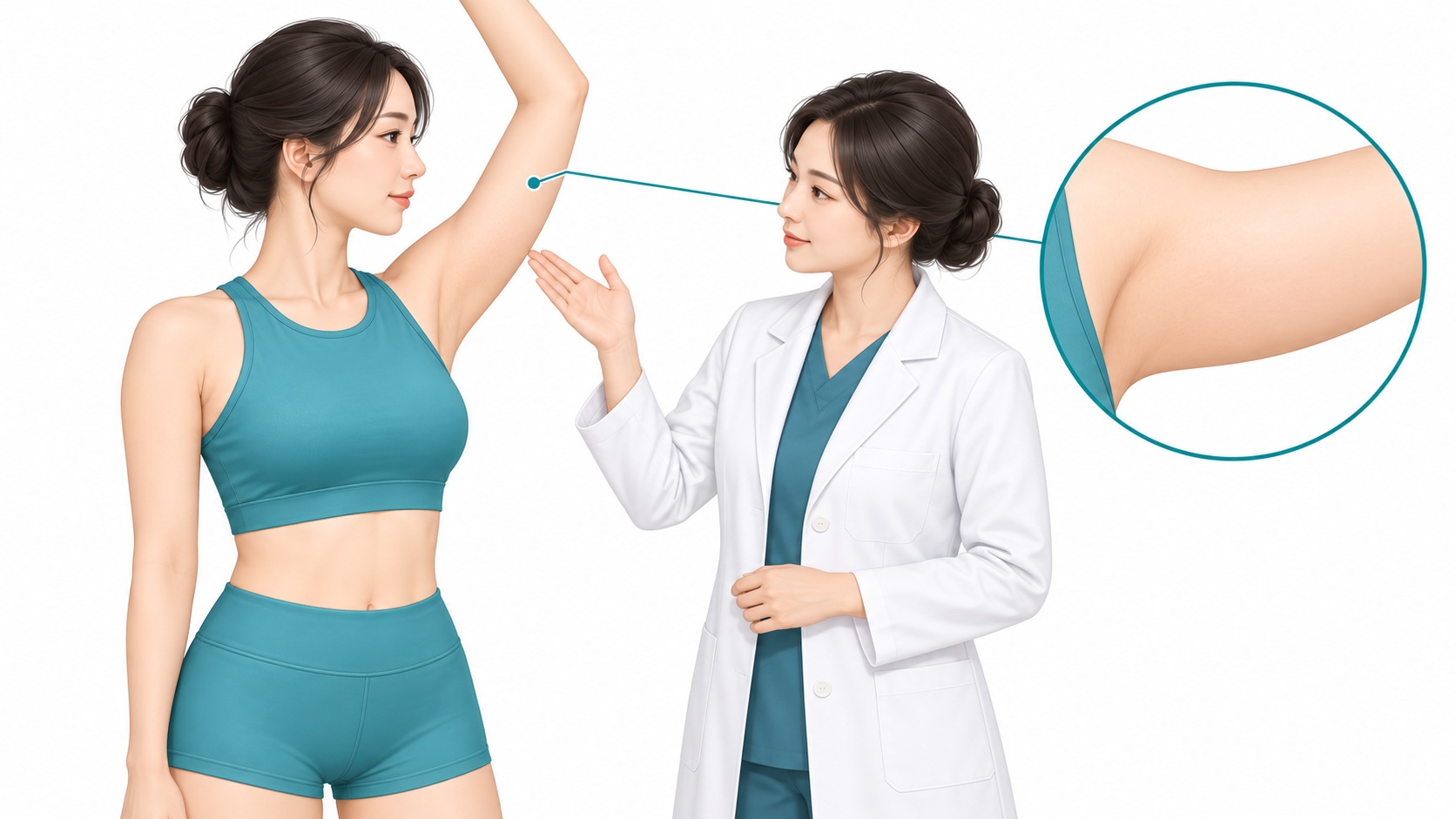팔 윗부분을 확인하며 상담하는 장면 참고 이미지