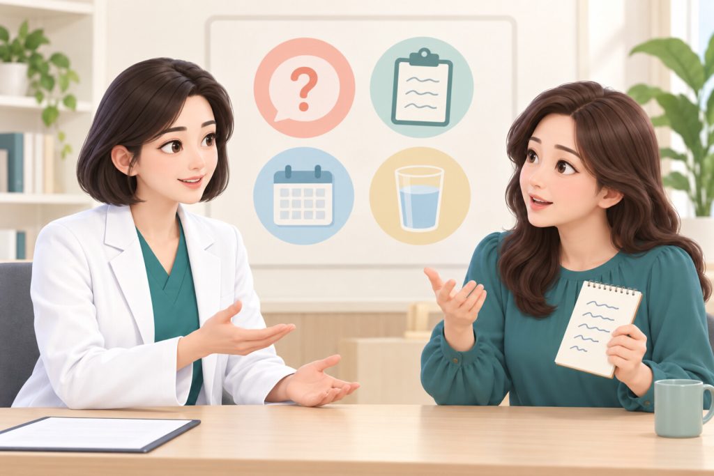 상담실에서 메모한 질문을 보며 의사와 이야기하는 여성