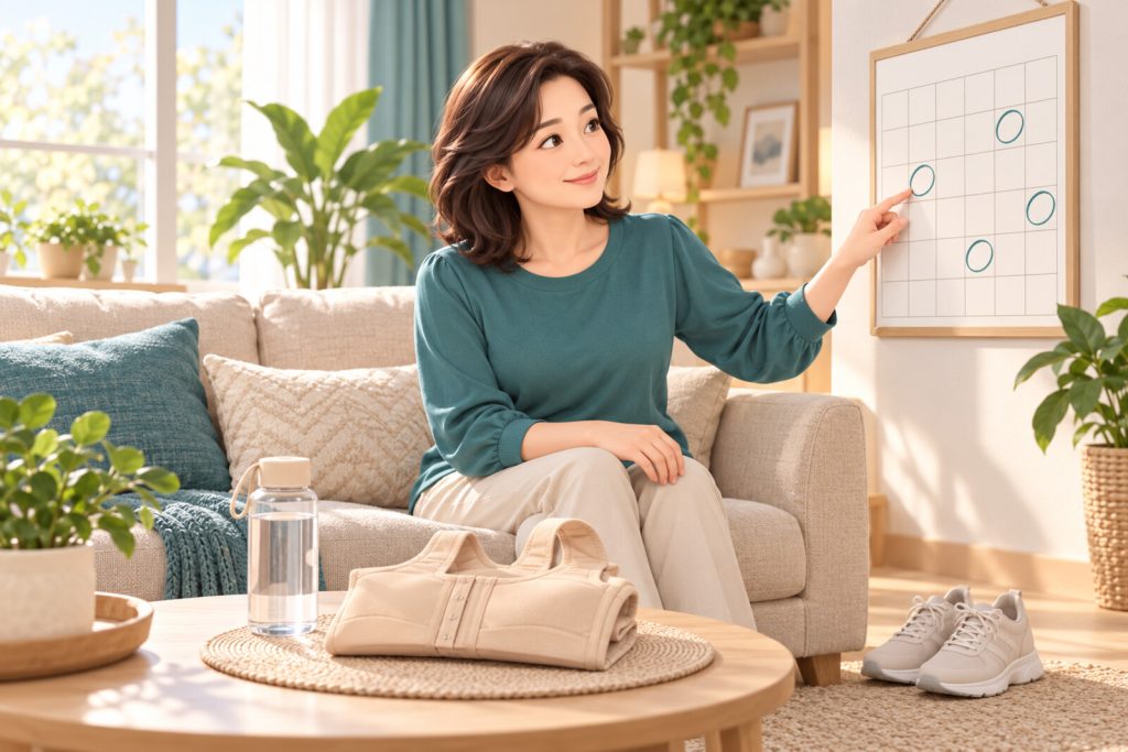 거실 탁자에 압박복과 물병을 두고 달력에 회복 일정을 표시하는 여성