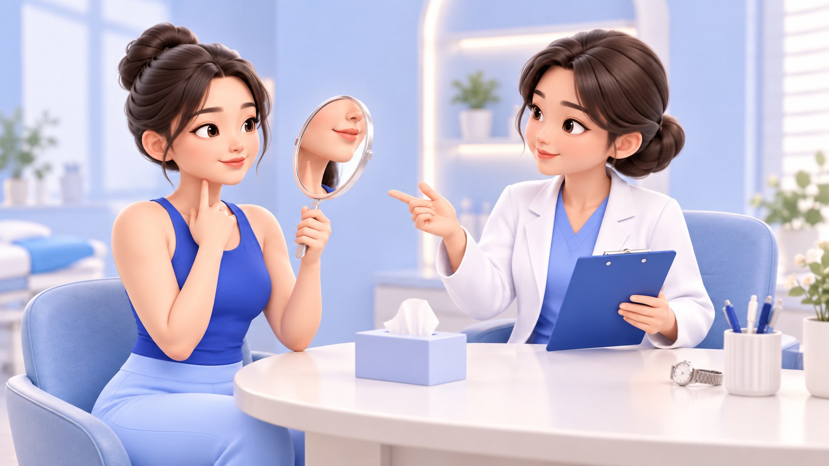 거울을 보며 턱선을 확인하는 환자와 상담하는 의료진 삽화