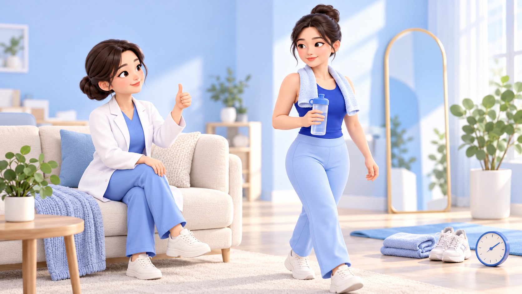 수건과 물병을 들고 편안하게 걷는 환자와 엄지를 든 의료진 삽화