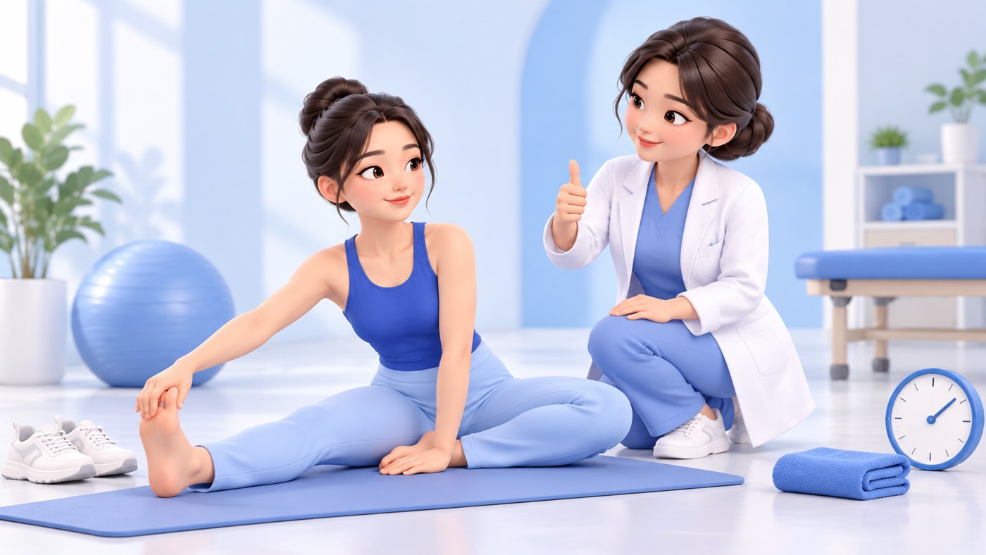 수술 후 가벼운 스트레칭을 하는 환자와 엄지를 들어 보이는 의사 3D 만화 일러스트