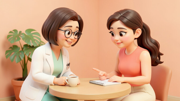 팔뚝 지방흡입 상담에서 궁금한 점을 이야기하는 환자와 의사 3D 만화 일러스트