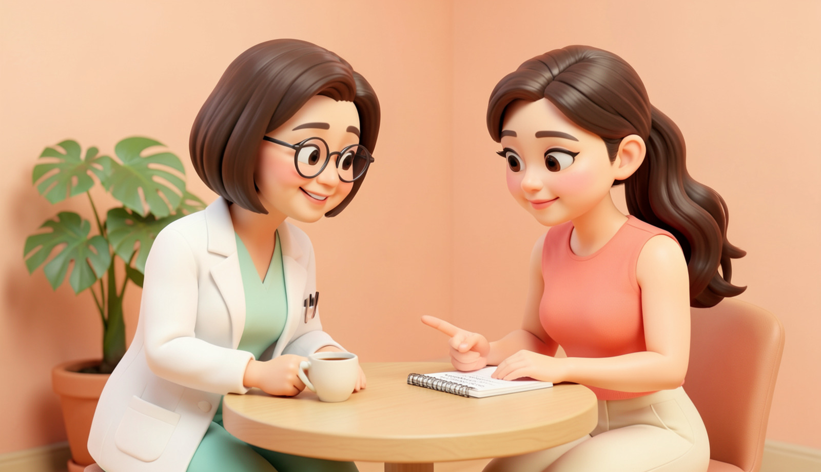 팔뚝 지방흡입 상담에서 궁금한 점을 적어 온 노트를 보여 주는 환자와 의사 3D 만화 일러스트
