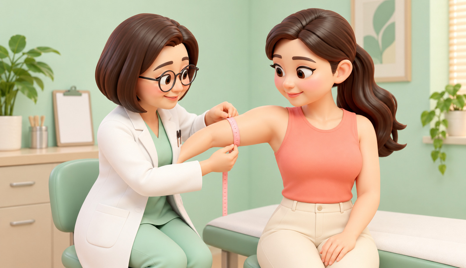 의사가 줄자로 환자의 위팔 둘레를 재는 3D 만화 일러스트