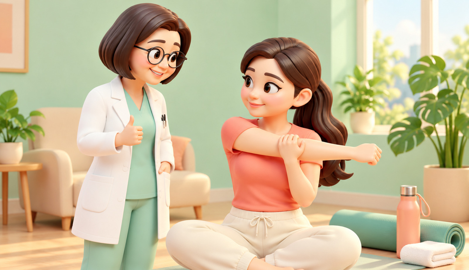 수술 후 가볍게 팔 스트레칭을 하는 환자와 격려하는 의사 3D 만화 일러스트