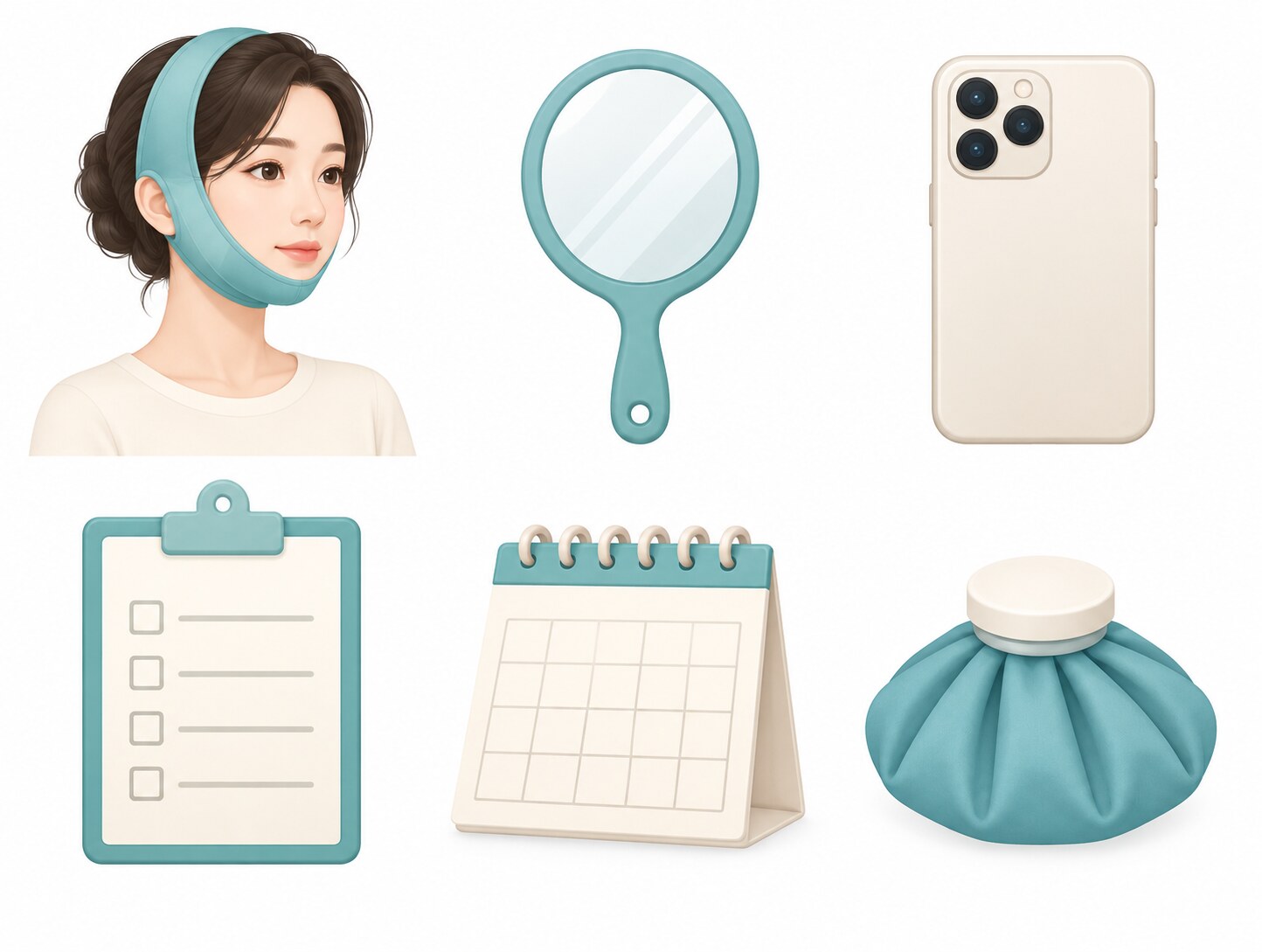 이중턱지방흡입 견적 상담 전 챙길 압박밴드·거울·휴대폰·체크리스트·달력·냉찜질팩 벡터 아이콘