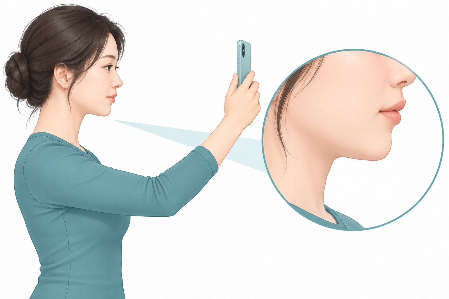 이중턱지방흡입 상담 전 휴대폰으로 측면 사진을 찍어 턱과 목의 경계를 확인하는 여성 벡터 일러스트