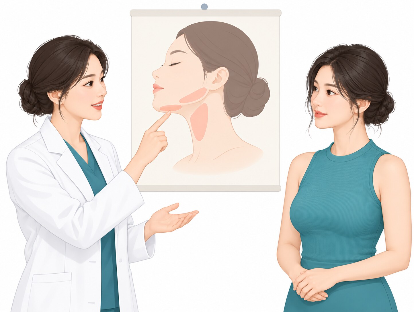 이중턱지방흡입 상담에서 의료진이 턱밑·턱선·목 범위를 그림으로 짚어 설명하는 벡터 일러스트