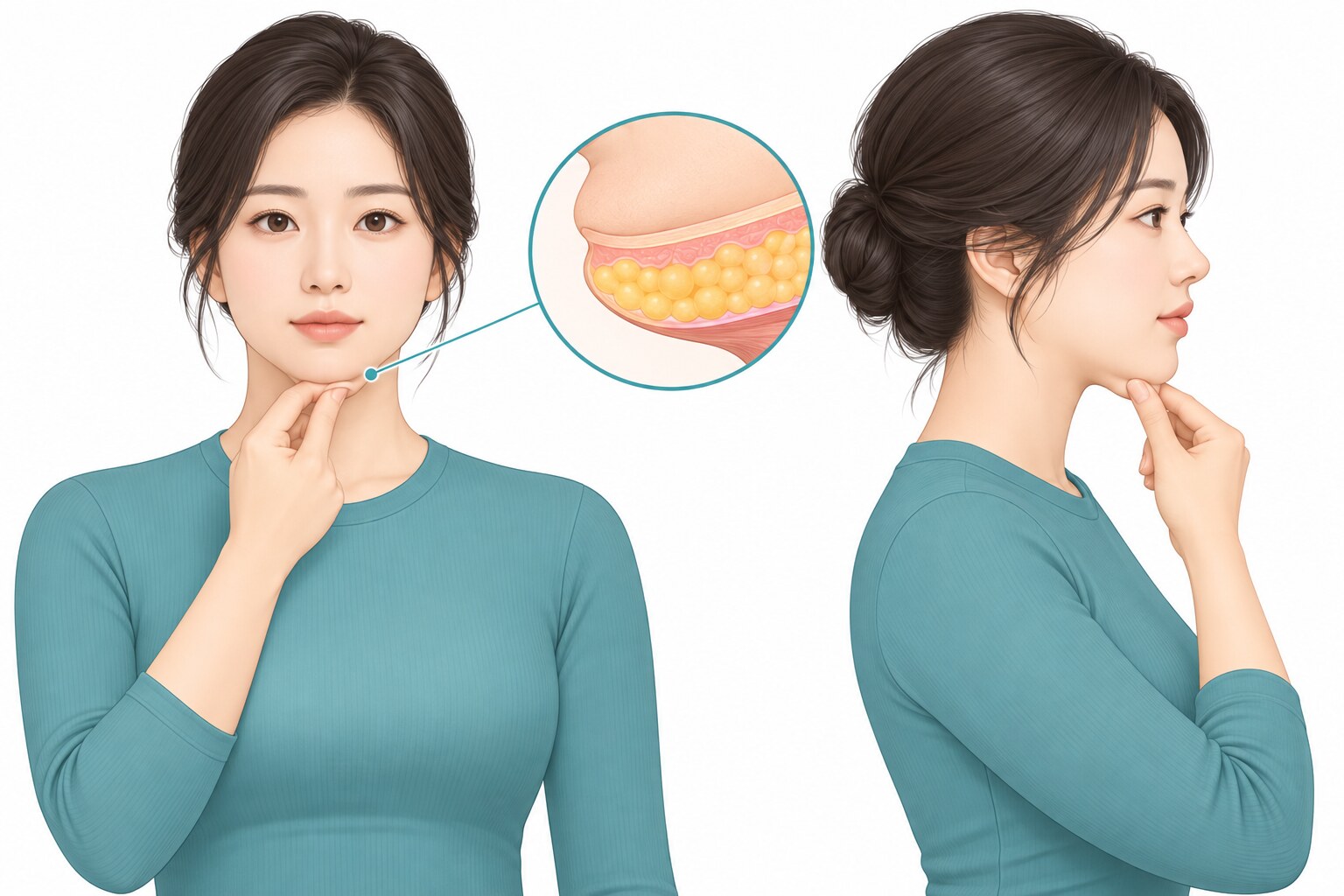턱 아래 피부를 잡아 피부 탄력과 지방층을 가늠하는 snap test 벡터 일러스트