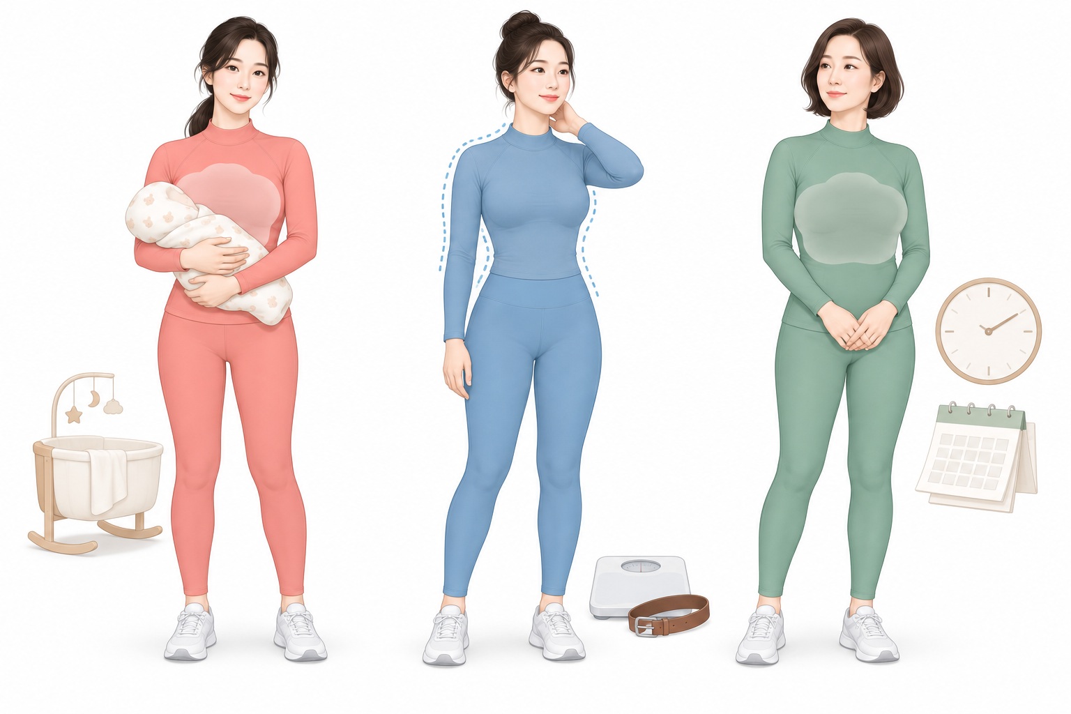 분만 후와 체중 감량 후, 수년에 걸쳐 무거워진 유방하수 사연 유형을 구분한 의료 벡터 삽화