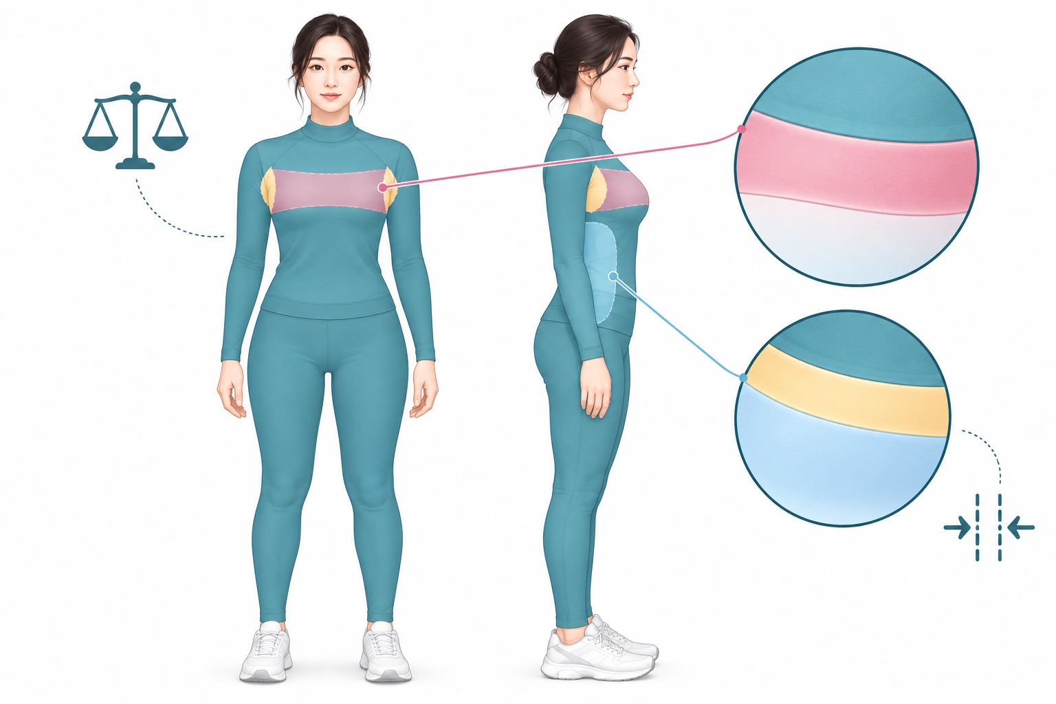 옷을 입은 성인 여성의 정면과 측면에 표층 접근 범위와 기대 한계를 표시한 의료 벡터 삽화