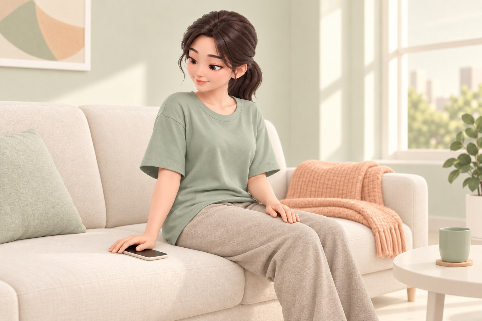 수술 후 집 소파에 앉은 여성이 바지 위로 허벅지에 손을 가만히 얹고 상태를 살피는 모습
