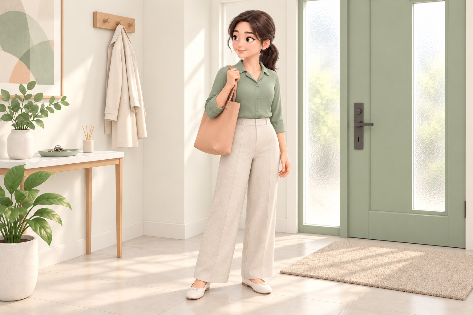 편안한 블라우스와 넉넉한 바지 차림의 여성이 현관에서 가방을 메고 일상으로 나설 준비를 하는 모습