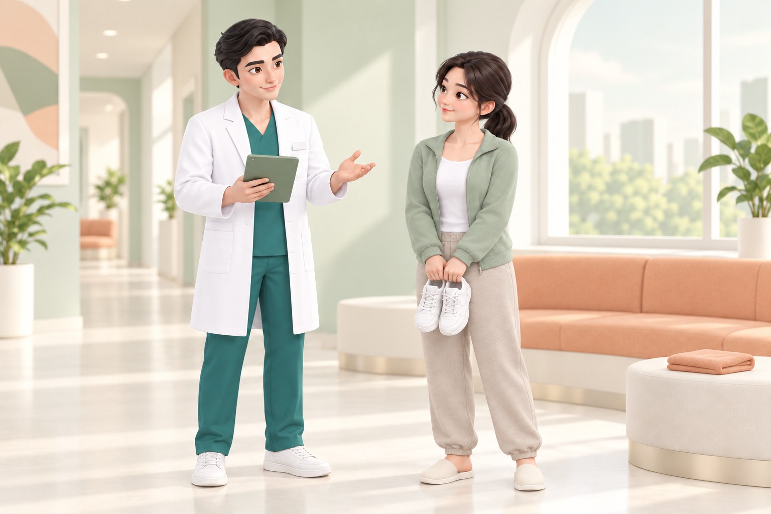 병원에서 의사가 태블릿을 들고 설명하고, 여성이 운동화를 손에 든 채 운동을 다시 시작하는 시기에 대한 설명을 듣는 모습