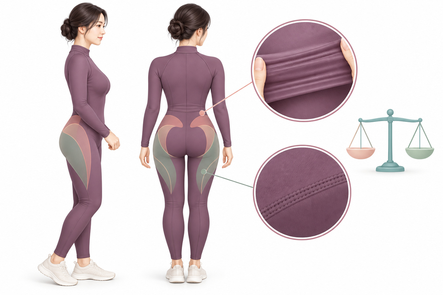 엉덩이축소 계획에서 피부 탄력과 균일함을 옷 위 부위로 표시한 의료 설명 벡터 일러스트
