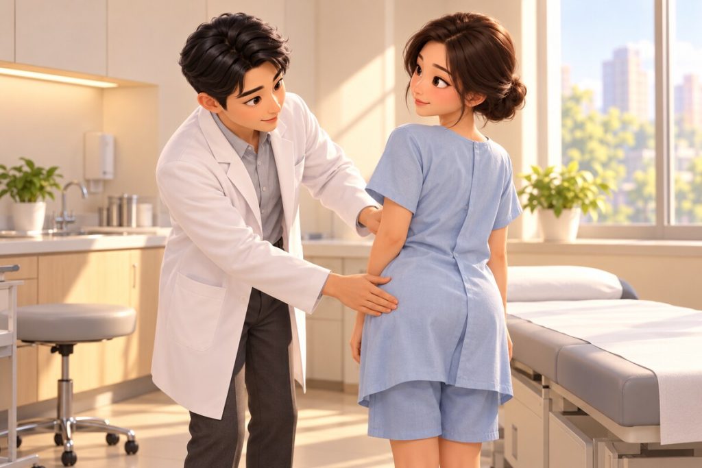 진료실에서 의사가 환자의 허리와 엉덩이 부위를 직접 살피는 진찰 장면