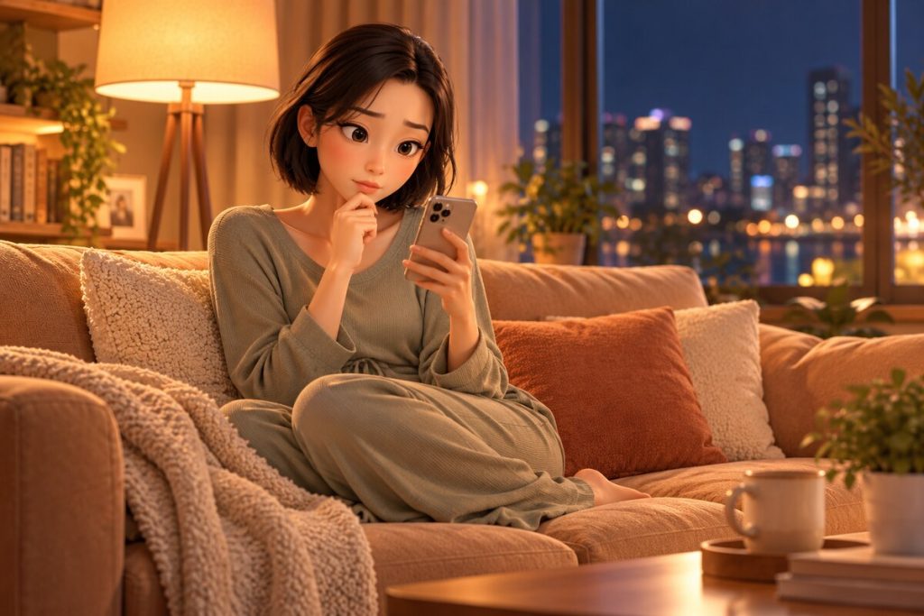 늦은 밤 창가 소파에서 스마트폰을 보며 궁금한 점을 떠올리는 여성