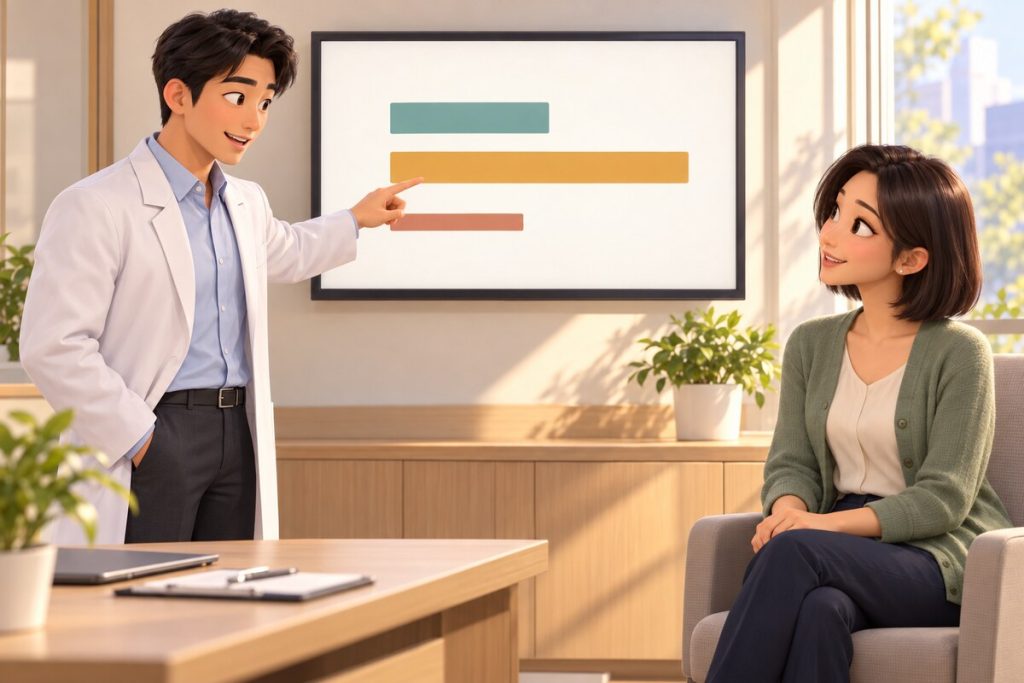 의사가 화면 속 길이가 서로 다른 막대를 가리키며 이식 지방이 남는 비율의 폭을 설명하는 상담 장면