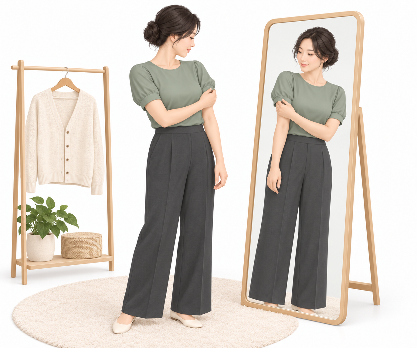거울 앞에서 팔 라인을 살피며 상담에서 바라는 모습을 정리하는 여성 일러스트