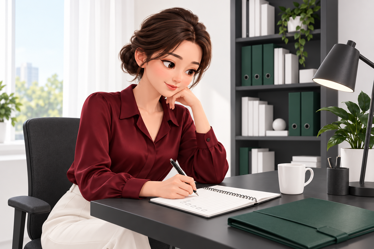 차콜 책상에서 상담 질문을 노트에 정리하는 버건디 블라우스 여성