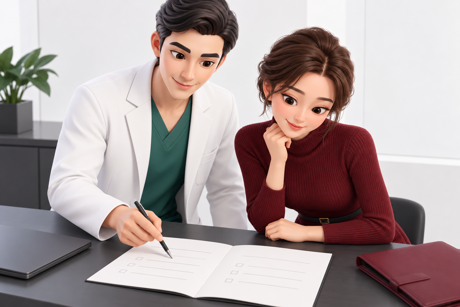 의료진과 여성이 나란히 앉아 무문자 상담 기록 폴더를 확인하는 모습