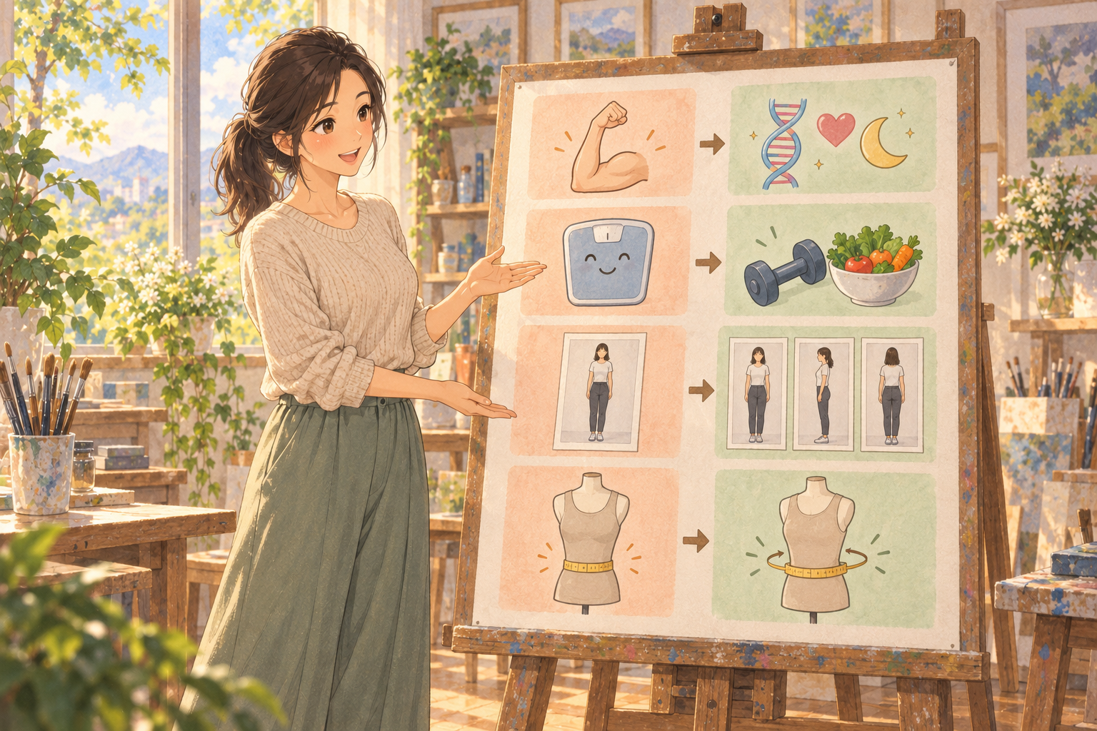 손그림 이젤 보드 앞에서 복부 지방흡입에 대해 자주 하는 생각과 확인할 점 네 쌍을 그림 기호로 안내하는 여성 일러스트