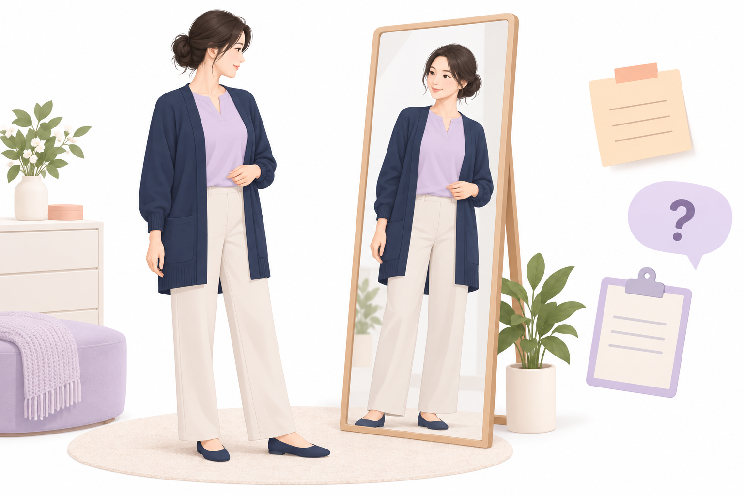 옷을 입은 여성이 거울 앞에서 옷매무새와 하체 비율을 살펴보고, 옆에 메모와 질문 카드가 놓인 벡터 일러스트