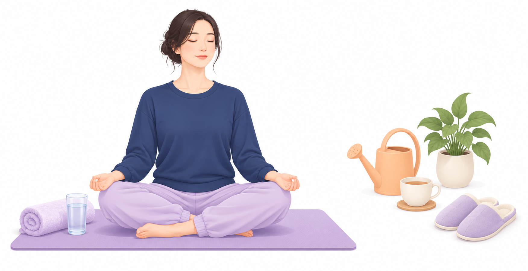 여성이 매트 위에 앉아 호흡을 고르며 가벼운 스트레칭을 준비하고, 옆에 물뿌리개와 찻잔, 실내화가 놓인 벡터 일러스트