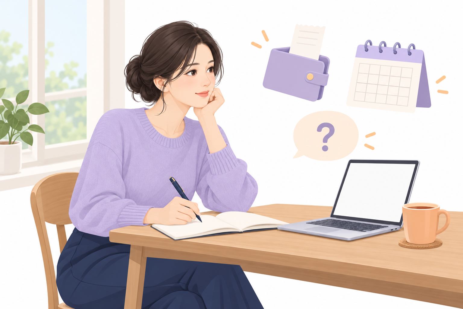 여성이 책상에서 노트에 일정과 상담 질문을 정리하고, 지갑과 영수증, 빈 달력, 질문 말풍선이 떠 있는 벡터 일러스트