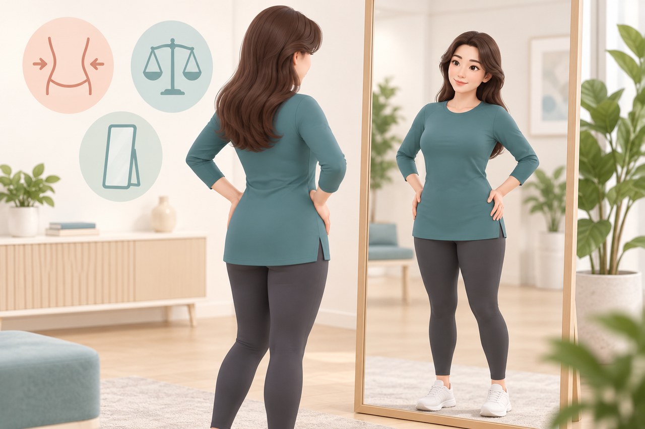 거울 앞에서 허리와 엉덩이, 허벅지의 전체 균형을 확인하는 여성 3D 캐릭터
