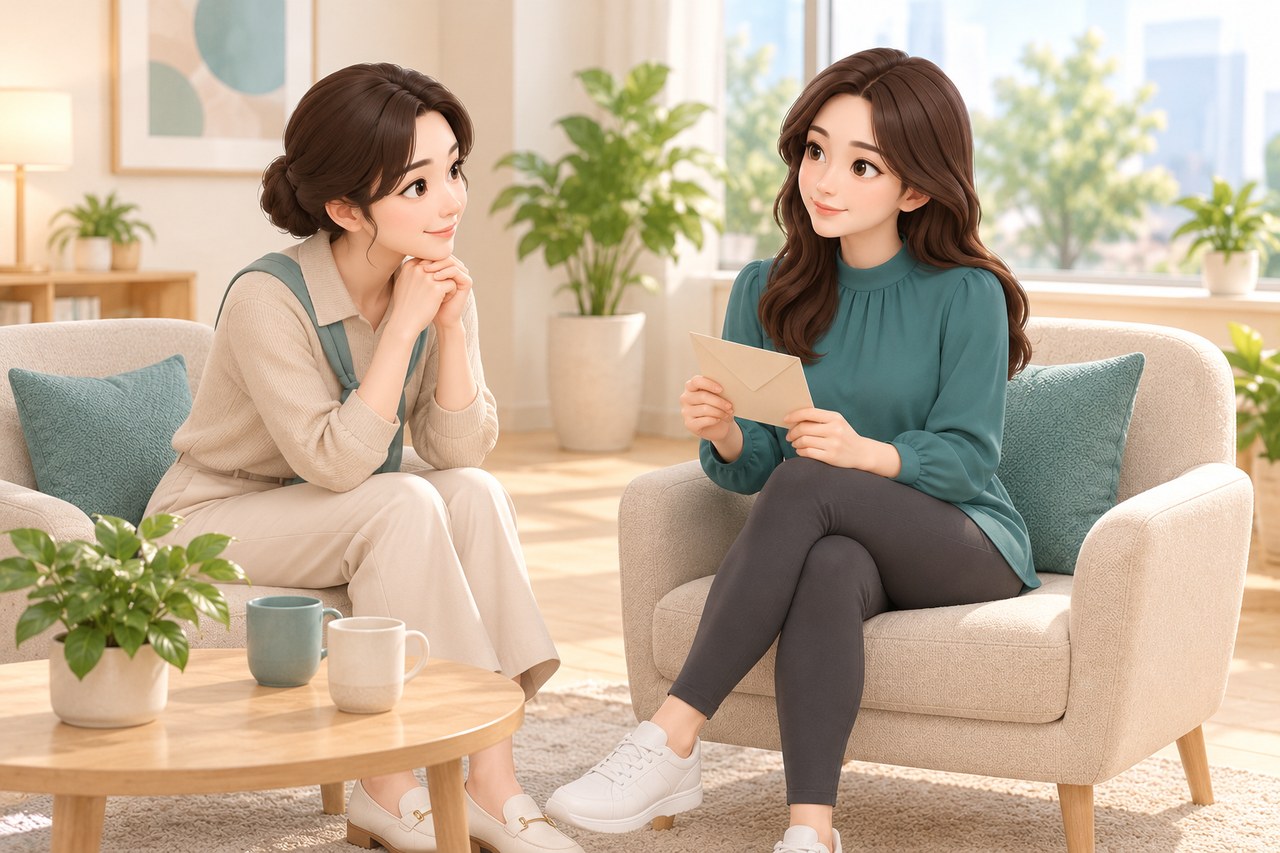 사진과 이전 수술 이력을 정리하며 대화하는 두 여성 3D 캐릭터