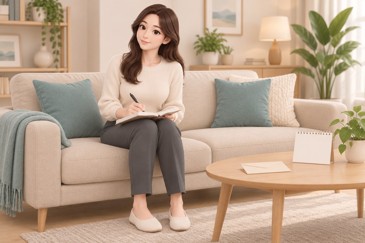 소파에 바르게 앉아 상담 질문을 노트에 적는 여성 3D 캐릭터