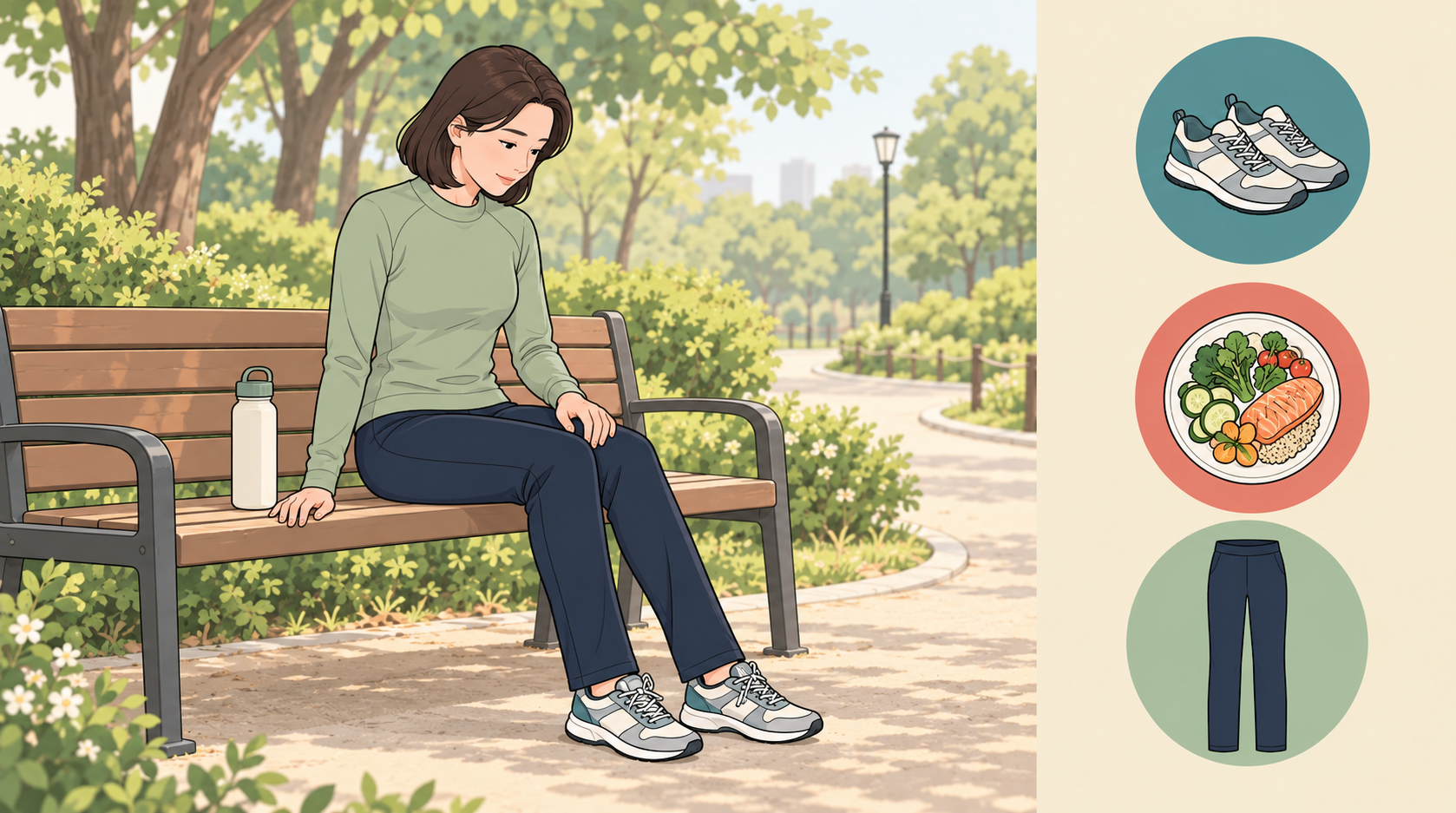 공원 벤치에 앉아 자신의 허벅지에 손을 얹고 내려다보는 단발머리 성인 여성 일러스트