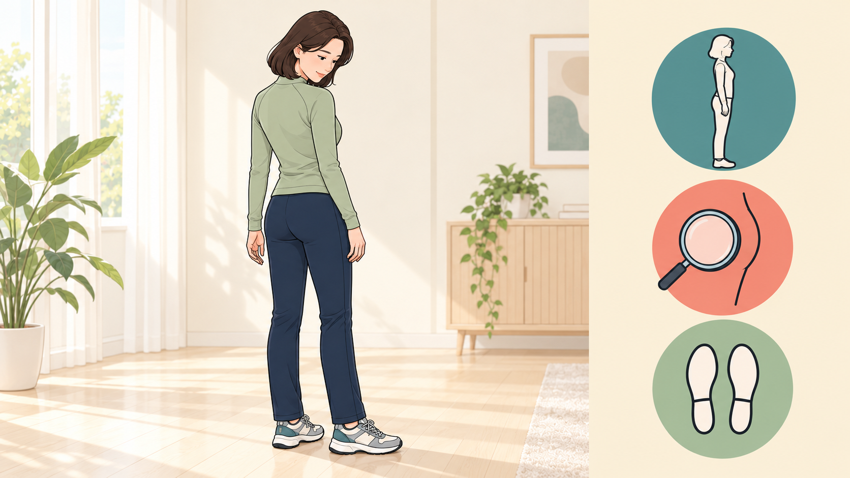 밝은 실내에 자연스럽게 서서 어깨 너머로 자신의 허벅지와 엉덩이 옆 윤곽을 살펴보는 여성의 뒷모습 일러스트