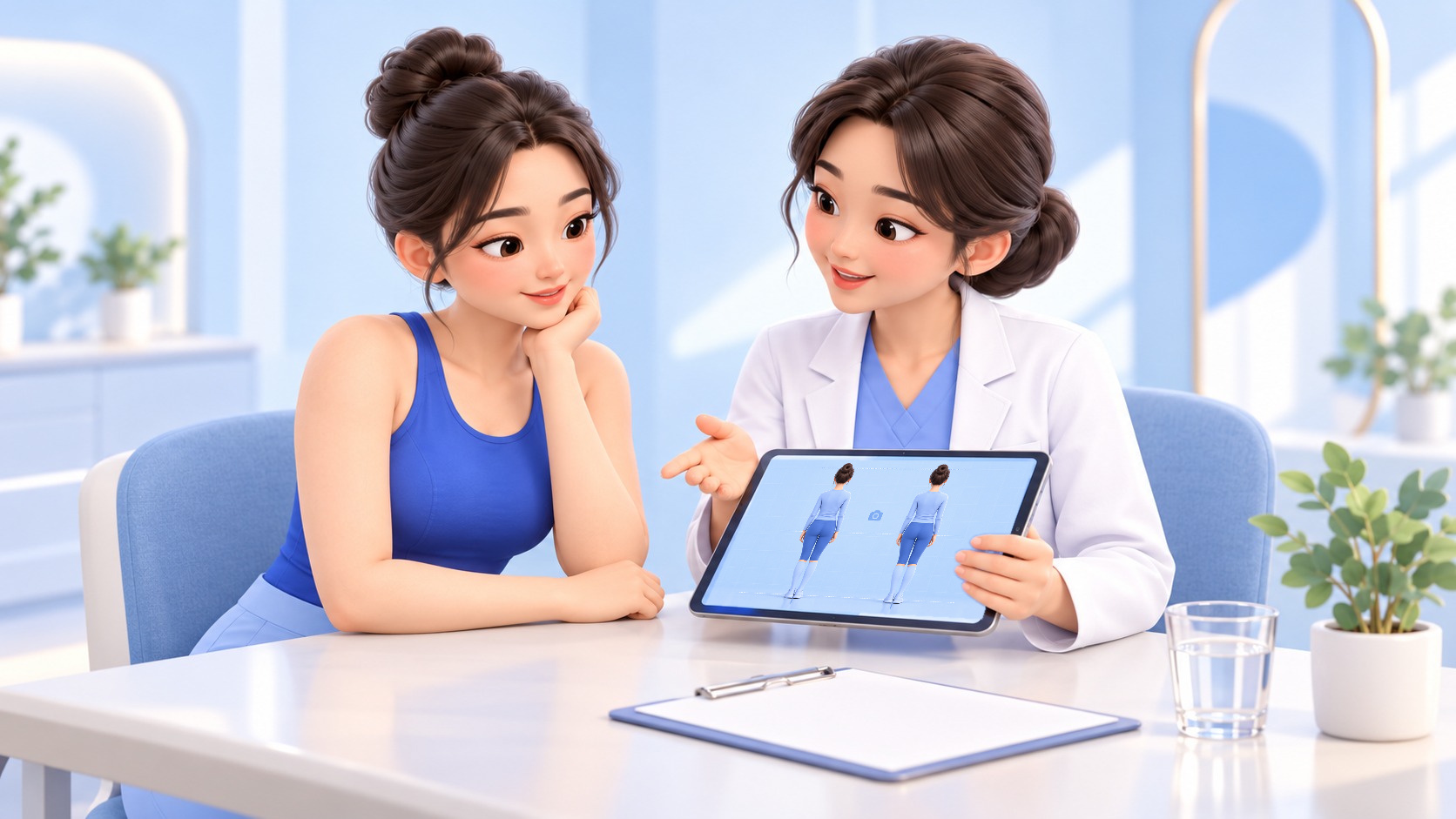 상담실에서 의료진이 태블릿으로 전후사진 촬영 조건을 보여 주며 환자와 이야기를 나누는 모습