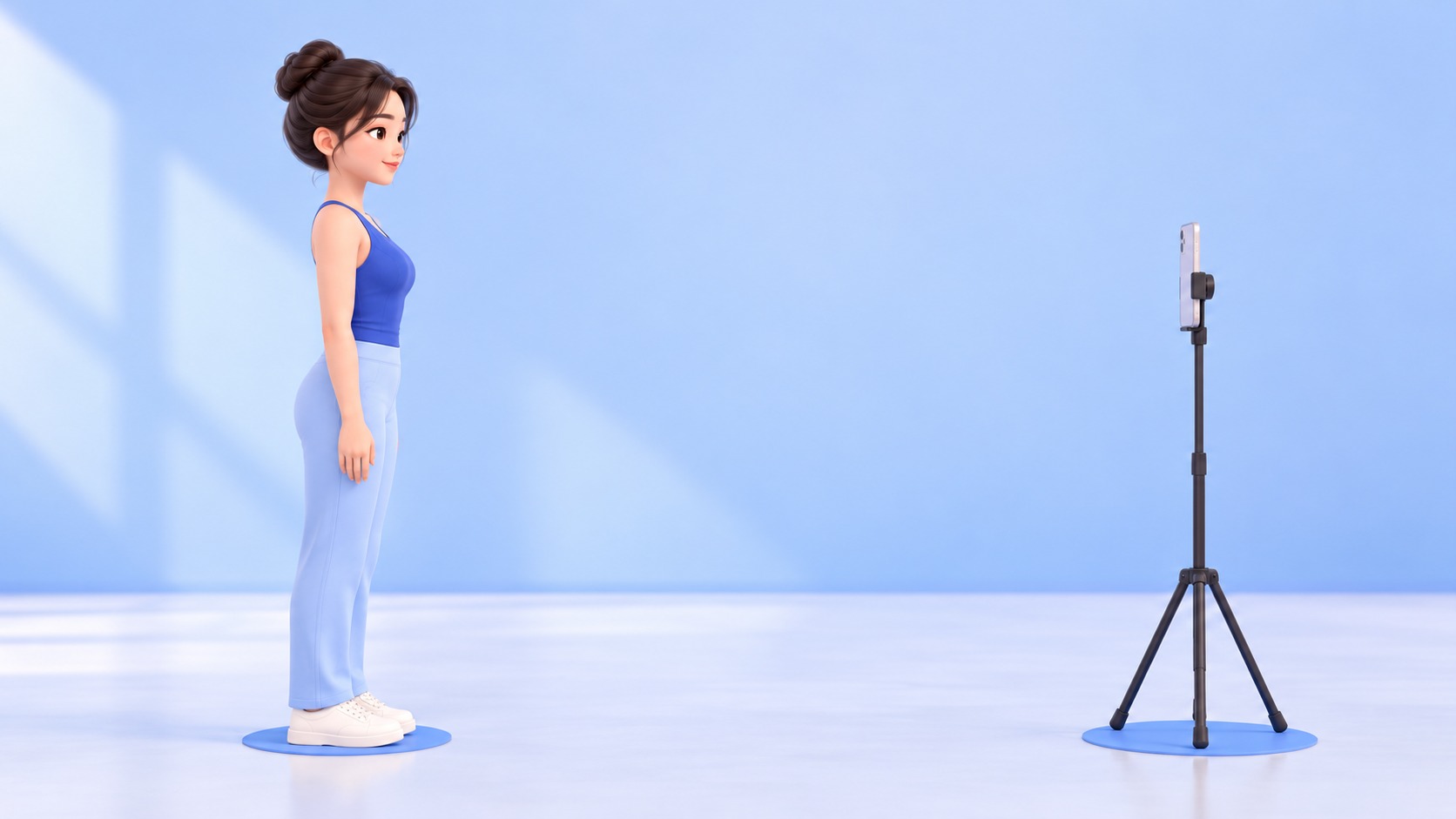 바닥 표시 위에 선 여성의 옆모습과 같은 거리에 놓인 삼각대 카메라