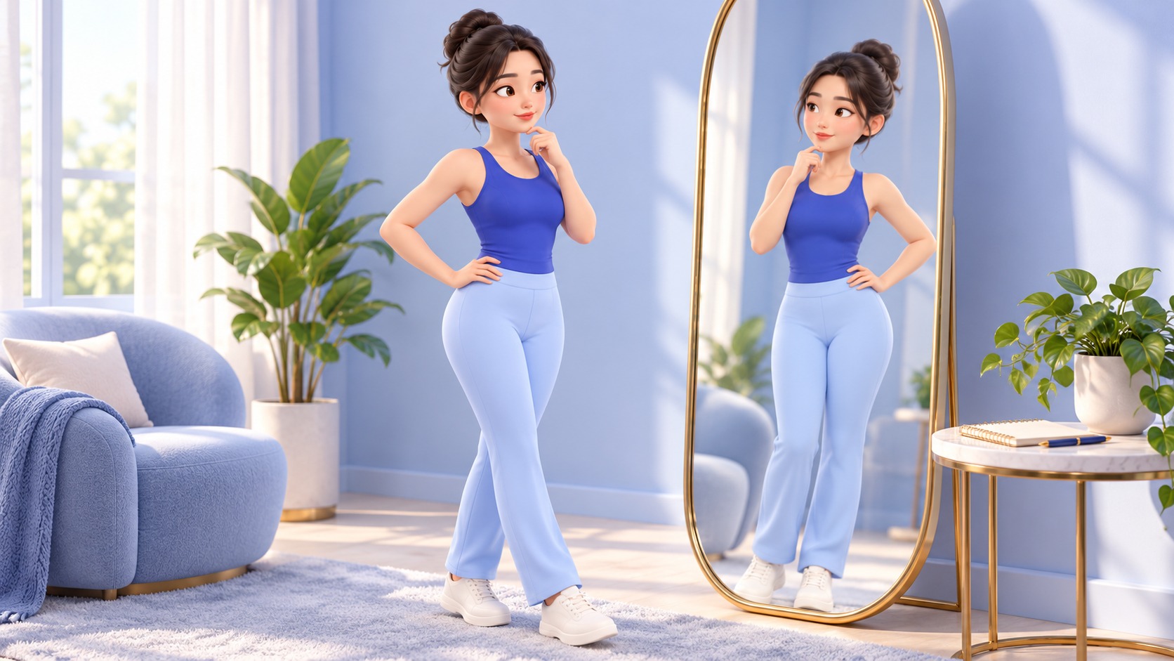 전신거울 앞에서 허리에 손을 얹고 자신의 체형을 살펴보는 여성